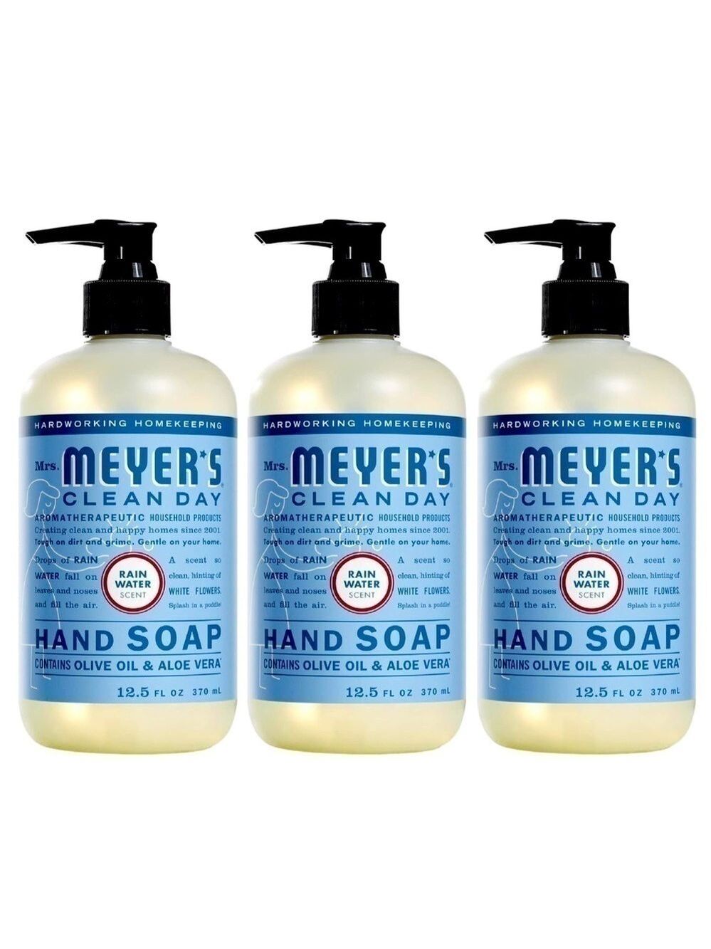 NWT MRS. MEYER'S 3 BOTTLES RAIN WATER CLEAN DAY Full Size LIQUID PUMP HAND SOAPS
